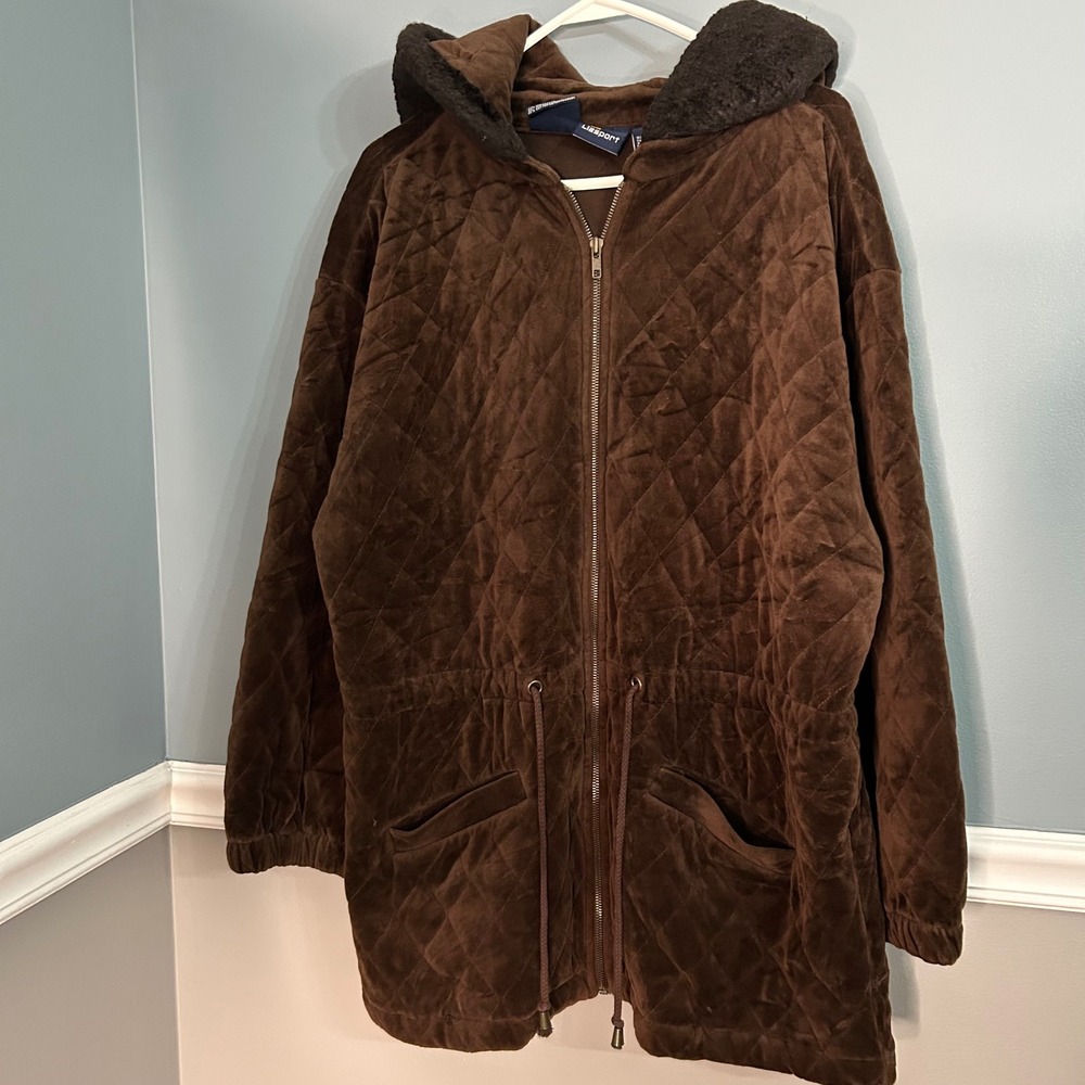 Lizsport Brown Quilted Velvet Hooded Parka Jacket Drawstring Waist Large